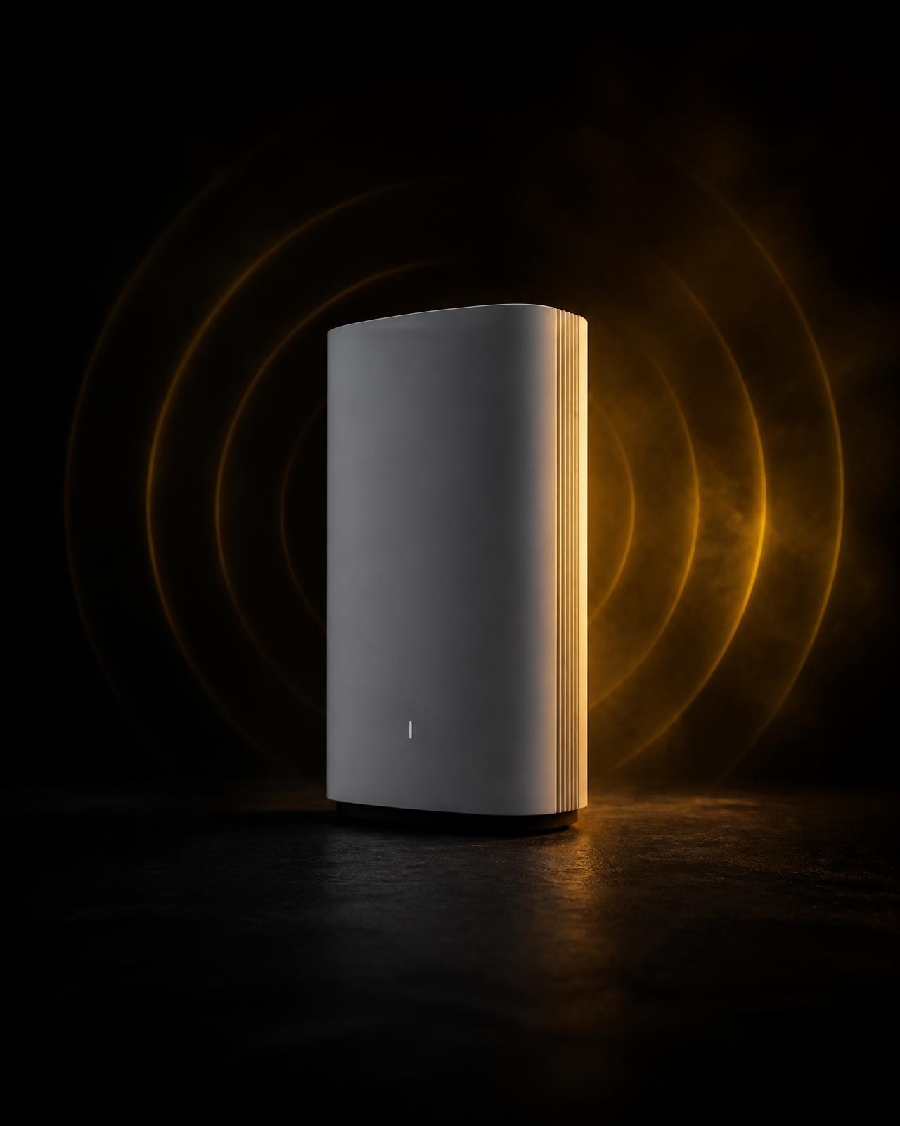 5G-tafelrouter die signaal uitzendt in een donkere omgeving